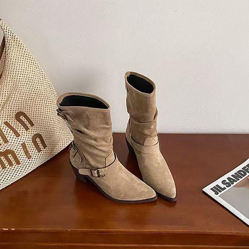 Autumn 2025 Women's Retro Celebrity Stacked Mid-Calf Chunky Heel Cowboy Boots