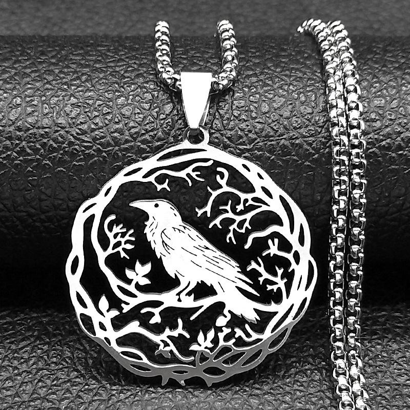 Raven Birds Pendant Necklace Women Men Stainless Steel Black Color Love Flower Of Life Knight Chain Jewelry Gifts