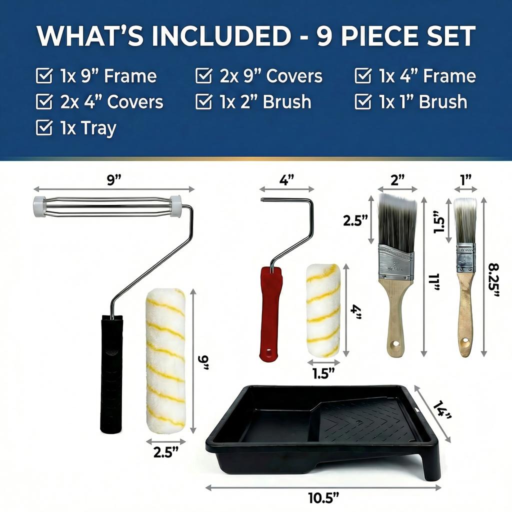 Paint Roller Kit 9 Piece, Paint Rollers, Brushes & Paint Tray, House Painting Supplies, High Absorbency, Washable, Reusable