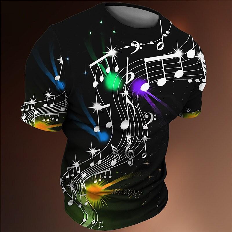 3D Printed Colorful Music T-Shirt For Men Musical Notes Pattern T Shirts Summer Casual Loose Tees Round Neck Tops Short Sleeves