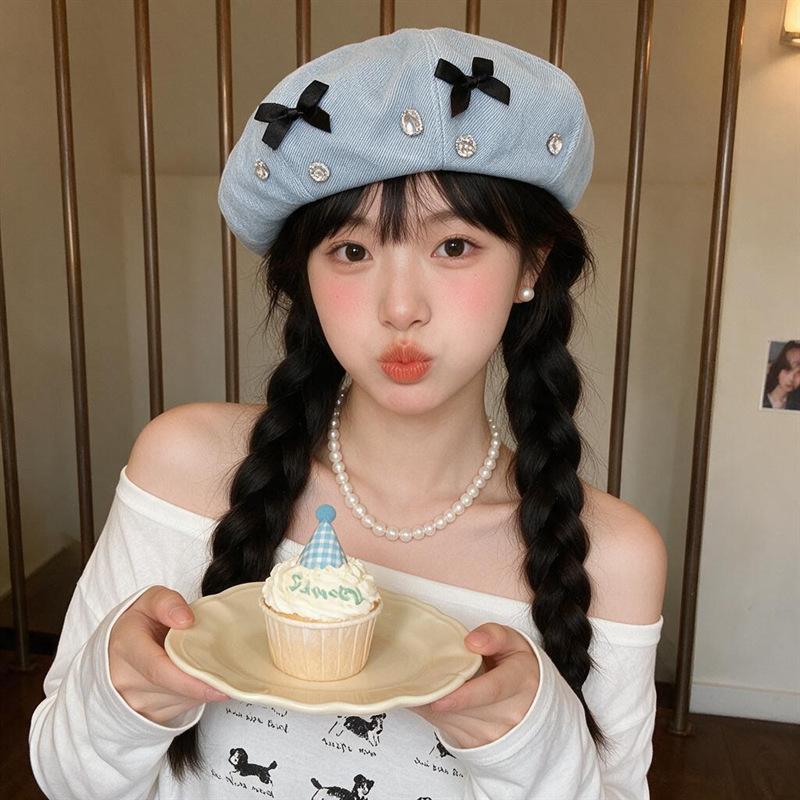 Washed Denim Octagonal Caps Solid Color Bow Decorated Women Beret Hats Casual Wear Rhinestone Embellished Artist Hat