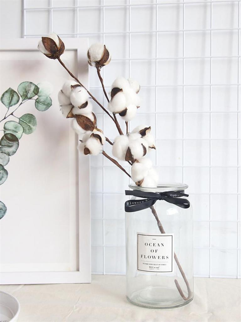 Künstliche getrocknete Baumwollblumen, weißer Blumenzweig für Hochzeitsfeierdekoration, gefälschte Blume, Blumendekor für Zuhause, Eukalyptusblätter