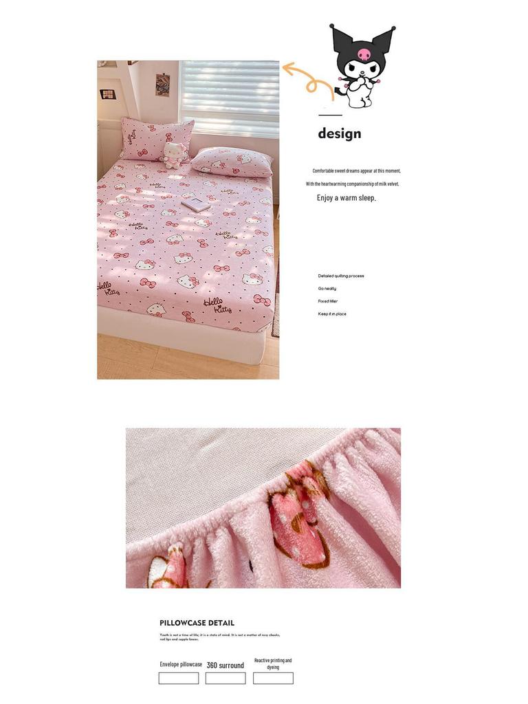 Sanrio Thick Warm Milk Velvet Fitted Sheet - Cute KT Cat, Kuromi & My Melody Design