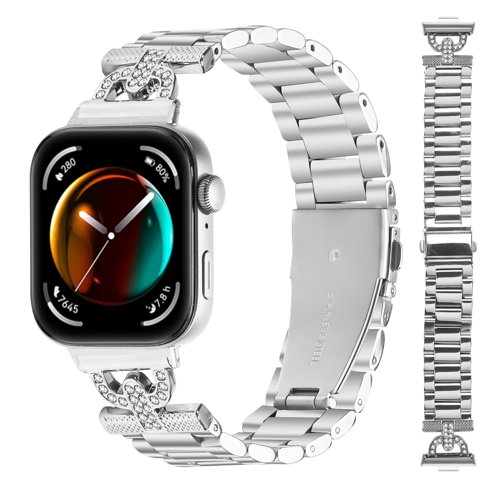 

Watch Strap for Huawei Watch Fit 3 Silver Metal Band D-Shape Rhinestones Decor 3-Bead A