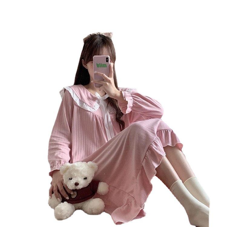 "Damska koszula nocna księżniczki z długim rękawem, za kolano, z kołnierzykiem lalki - Wiosna/Jesień, styl koreański"