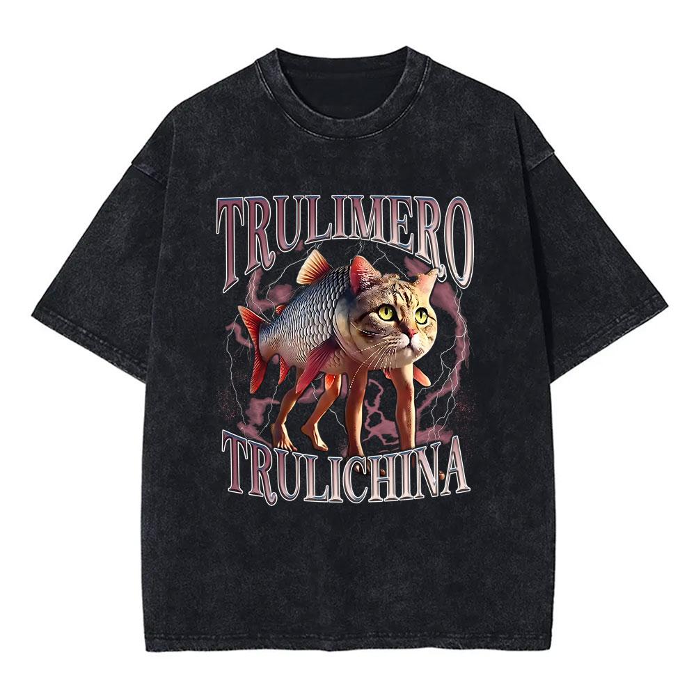 Italian Brainrot Bombardiro Crocodilo Vintage Washed Tshirts Crocodile Plane Bomber Funny Meme Tshirt Man Fashion Streetwear