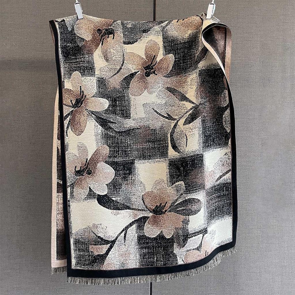 Autumn New Plant Flower Print Scarf Autumn and Winter Imitation Cashmere High-end Warm Scarf Shawl Women