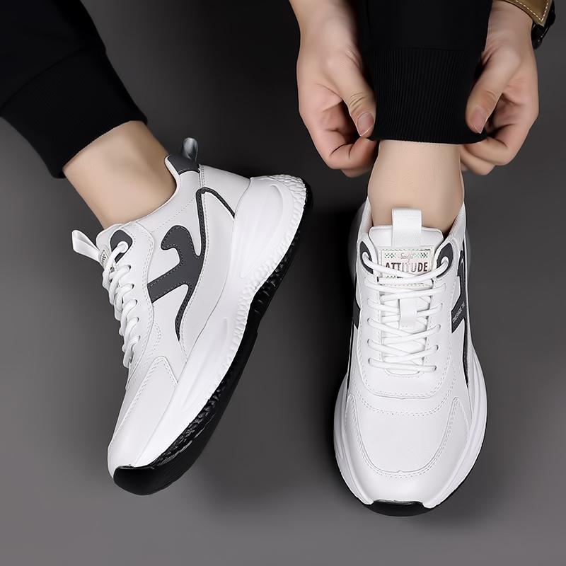 Thick Sole Versatile Clunky Sneaker For Men Genuine Leather Lace Up Breathable Casual Sports Shoes Increased Soft Soles
