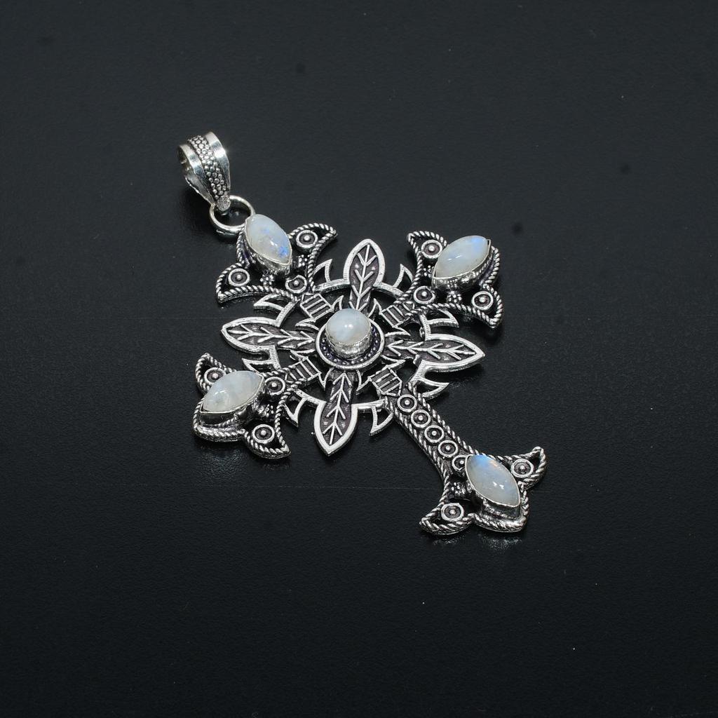 Mondstein Edelstein Handgefertigter 925 Sterling Silber Anhänger Natürlicher Mondstein Anhänger Kreuz Design Anhänger Mondstein Schmuck für Geschenke