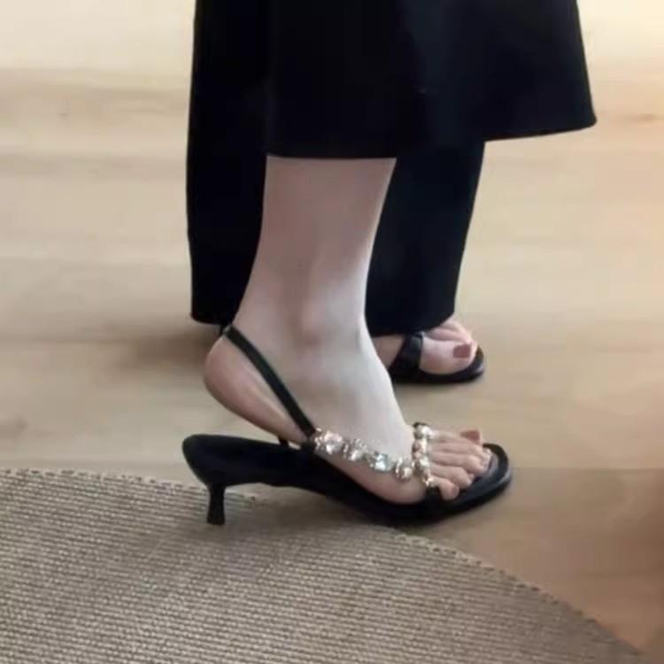 Soft Leather Version~ Gem One Word with Sandals Women's 2025 New Square Head Open Toe Sexy Daughter High Heels Low Heel