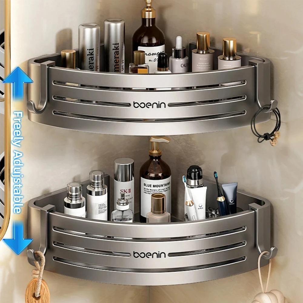1-2PCS Bathroom Corner Shelf with Hook Towel Bar No Drill Space Aluminum Shower Storage Rack Bathroom Organizer