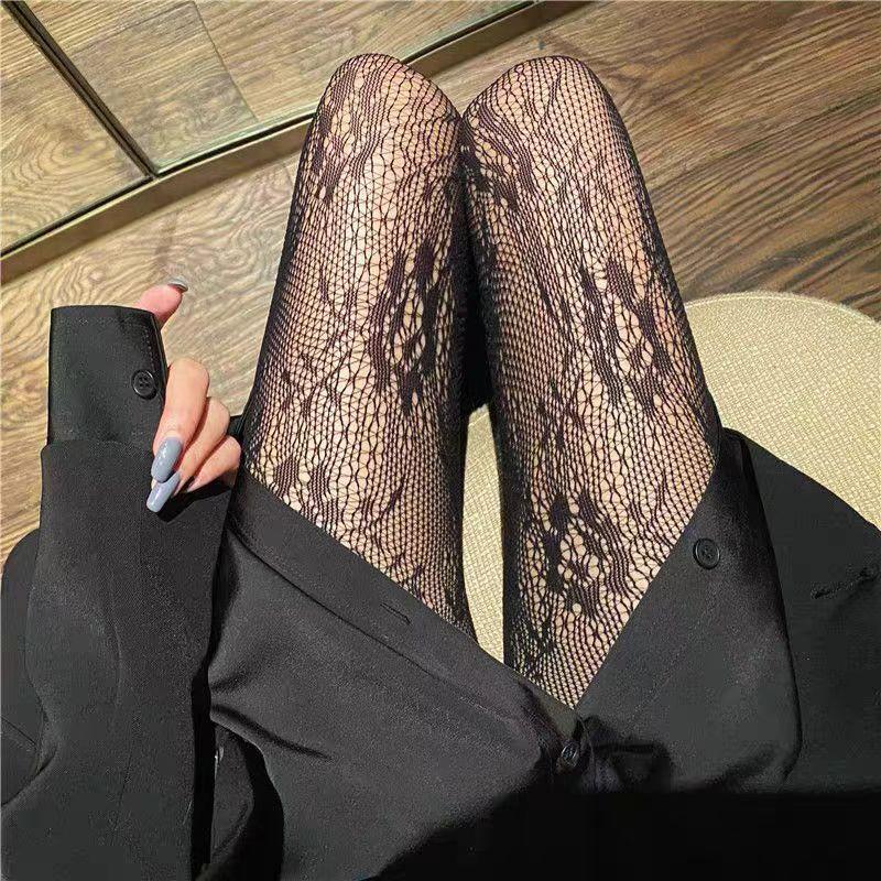 Collants en maille fishnet avec motif floral en rotin ajouré noir et blanc pour femmes, Collants bas doux style japonais gothique lolita