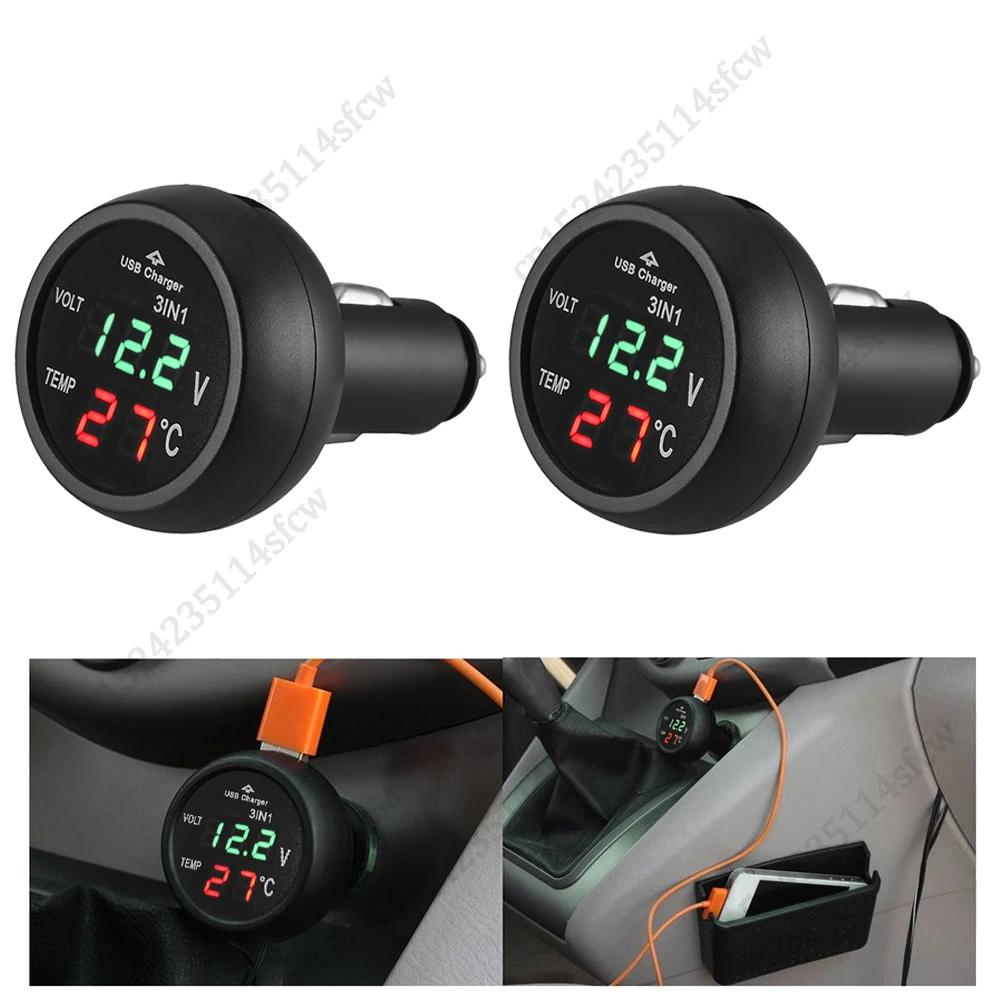 2/1PCS 3-in-1 12V/24V Car Volt Meter LCD Digital Display Car Voltmeter Thermometer Car USB Charger Current Meter Volt Detector