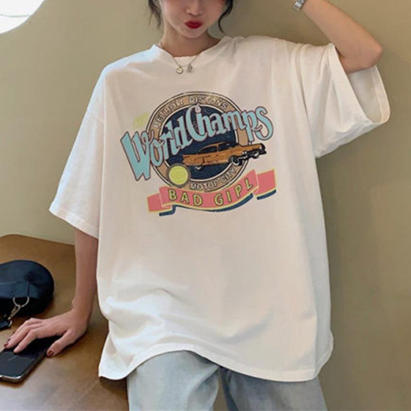White T-shirt for Women's Summer New Korean Style Loose Large Size Harajuku Style Short-sleeved Student Round Neck Top