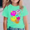 Cartoon Smiley Face Print Short Sleeved Girls Tee Soft Fabric Crew Neck Casual Outfit for Outdoor Trips and Daily Use