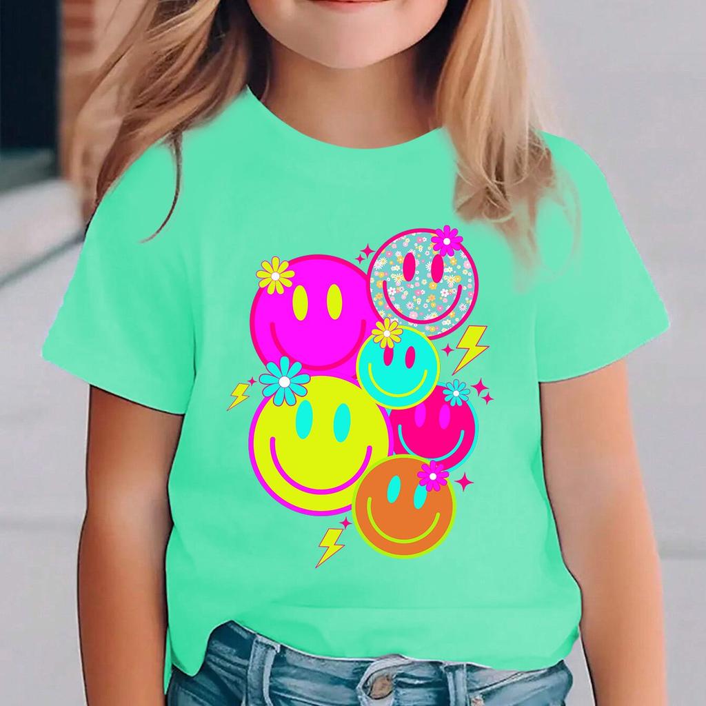 Cartoon Smiley Face Print Short Sleeved Girls Tee Soft Fabric Crew Neck Casual Outfit for Outdoor Trips and Daily Use