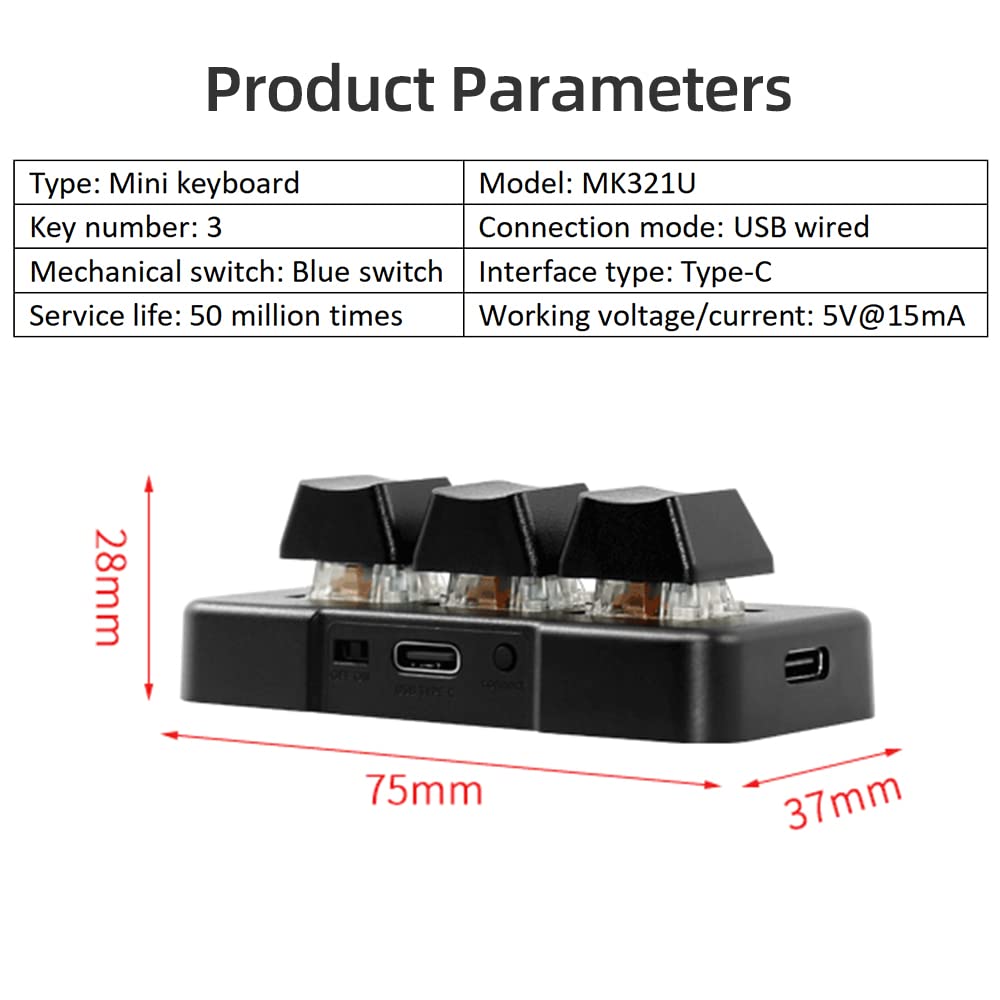 Snsowed MK321U 3-Key Wired Mini Keyboard, Customizable Mechanical Keyboard with Blue Switches and Detachable Data Cable for Office, Gaming, and