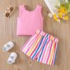 Girls 2 Piece Outfit 1-8Y Pink Sleeveless Tank Top with Striped Shorts Set Kids Summer Floral Clothing Sets