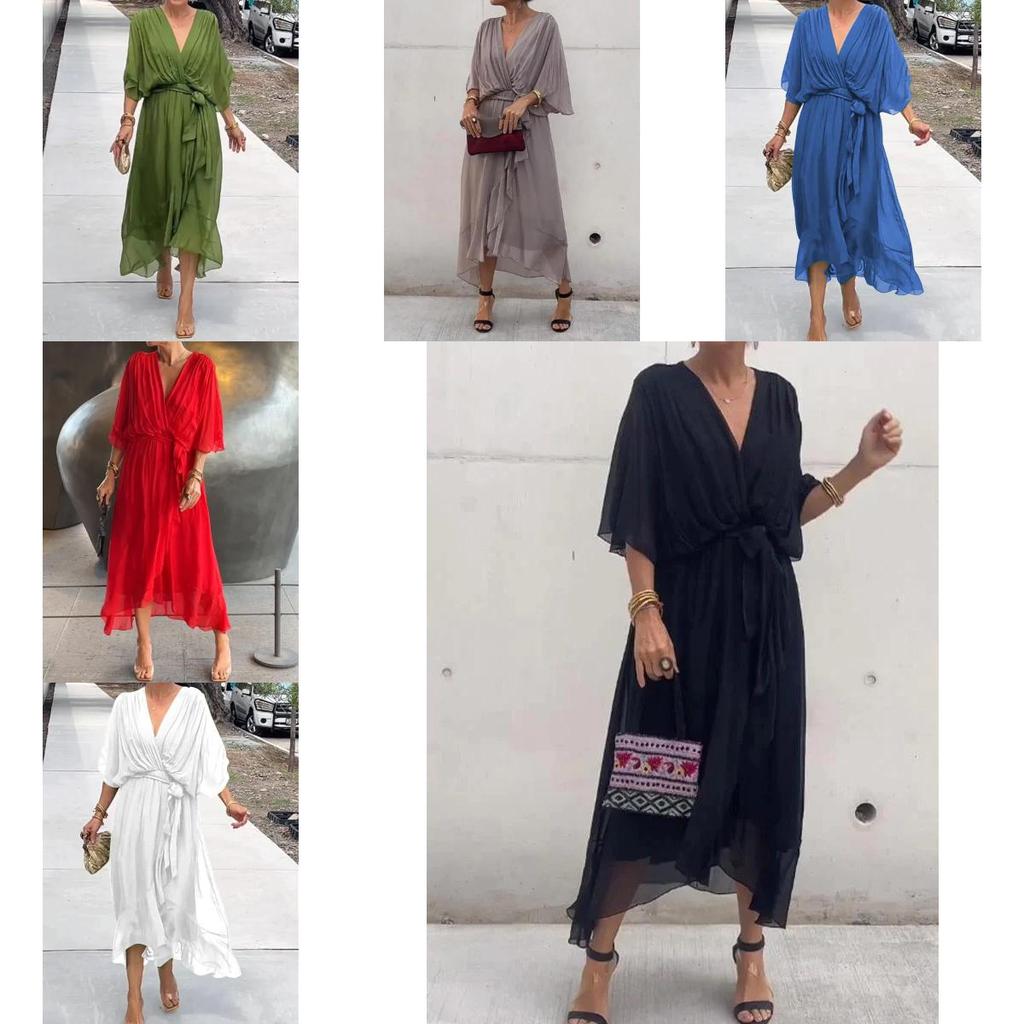 Elegant Summer Maxi Dress With Vneck And Batwing Sleeves For Casual Wear