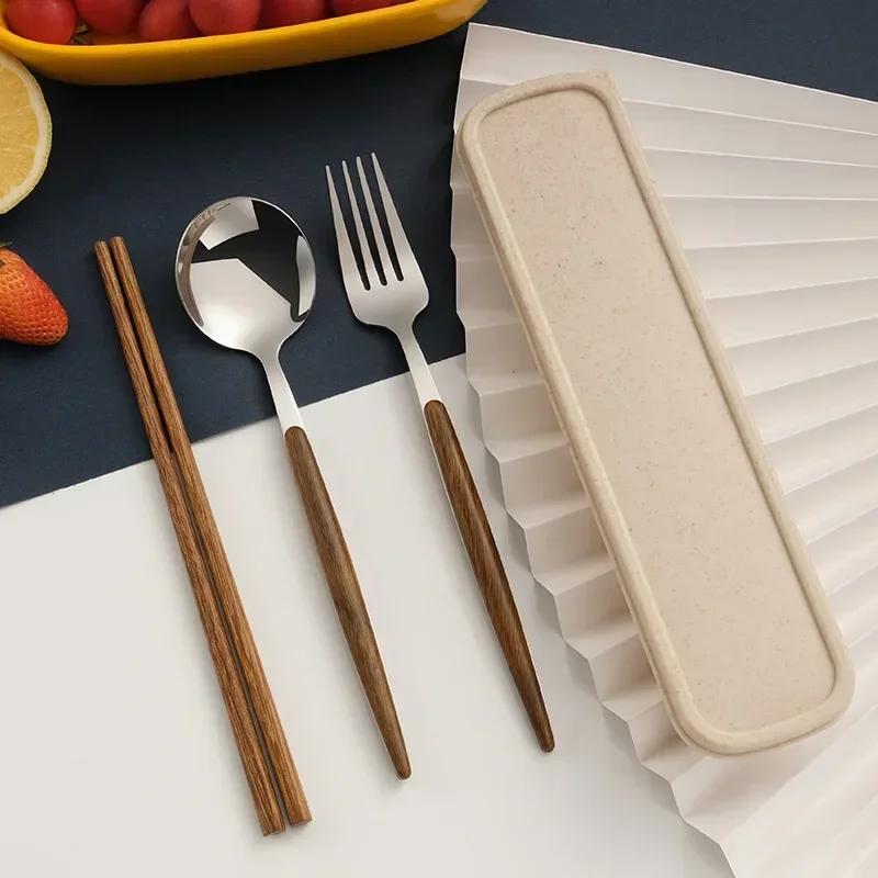 Stainless Steel Cutlery Spoon Chopsticks Wooden Handle Dinnerware Portable Fork Spoon For Fruit Dessert Kitchen Tableware