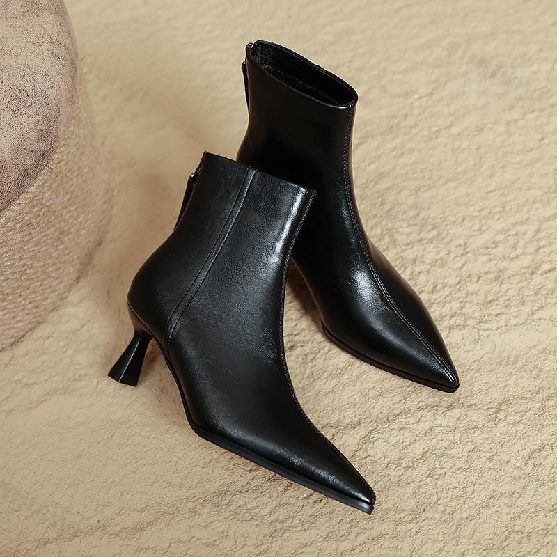 Women Ankle Boots Retro Zipper Pointed Toe Genuine Leather Shoes 2026 Autumn Winter New High Quality Short Boots Botas De Mujer