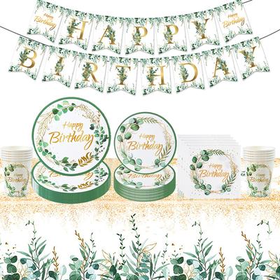 Eukalyptusblätter Einweggeschirr Set Grünes Blatt Pappteller Becher Serviette Hawaiianische Sommer Geburtstagsparty Dekoration Zubehör