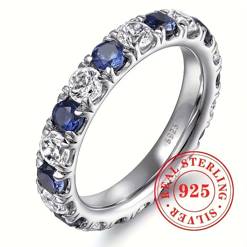 925er Echtsilber schlichtes und stilvolles Ring-Set besetzt mit blauen und weißen synthetischen Zirkonsteinen, Schmuck für Damen für Feiertage, Freizeit, Partys, ein Valentinstagsgeschenk