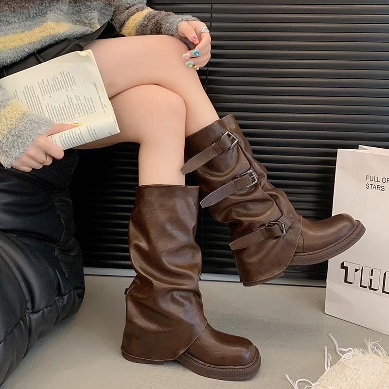 Internet celebrity belt buckle medium boots women's boots autumn and winter new niche retro wasteland wind pleated fashion trouser tube boots women