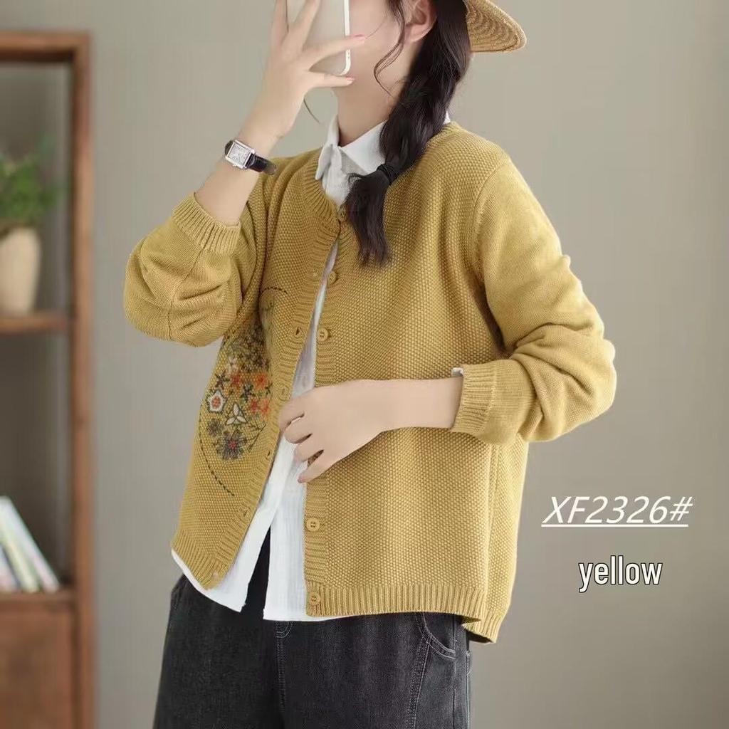 Embroidered Placket Cotton Knit Cardigan - Artistic Round Neck Solid Color Sweater for Autumn/Winter