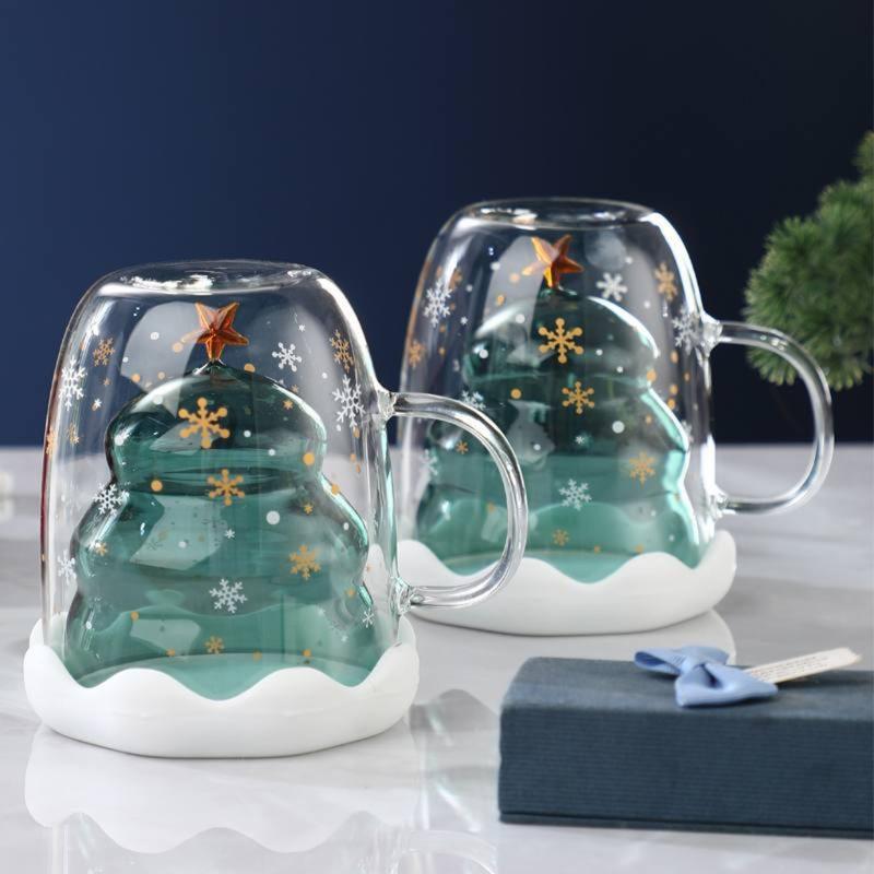 300ML Lovely Christmas Tree Glass Cup Heat-Resistant Double Wall Glass Cup