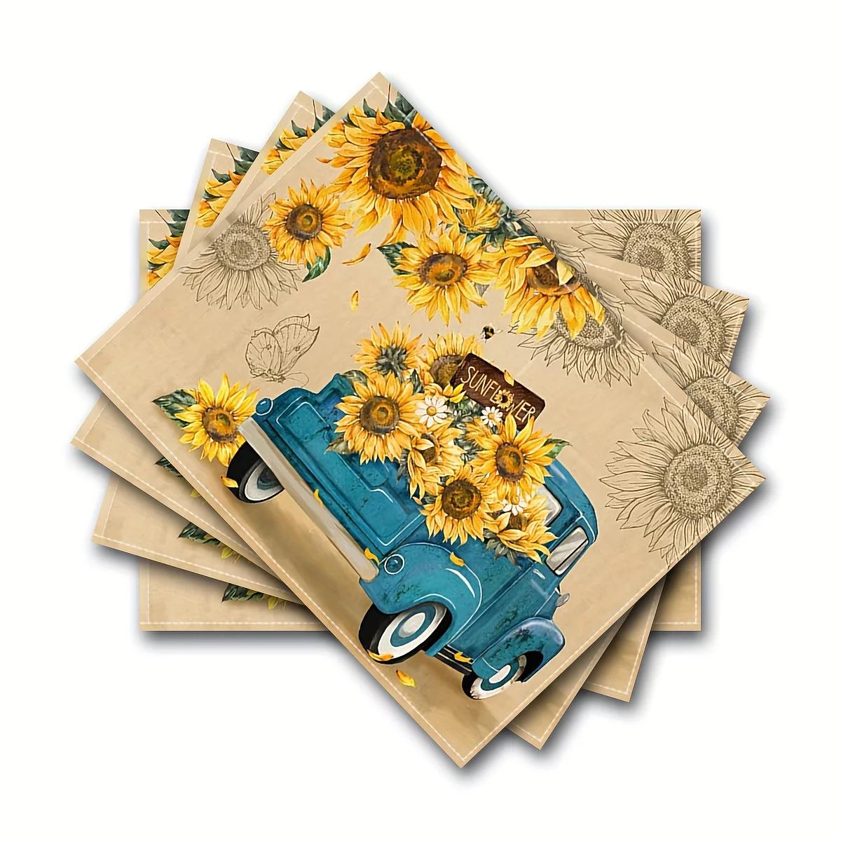 

1PCSunflower Retro Truck Pattern Design Linen Meal Rural Burlap Table Mat for Holiday Kitchen Desk Decoration and Dining 1PC 30x45CM
