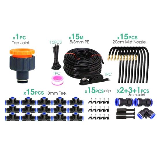 10M/15M Garden Irrigation System Irrigation Hose with 360-Degree Bendable Nozzles Quick Connect Drip Irrigation System for Greenhouse Lawn Watering