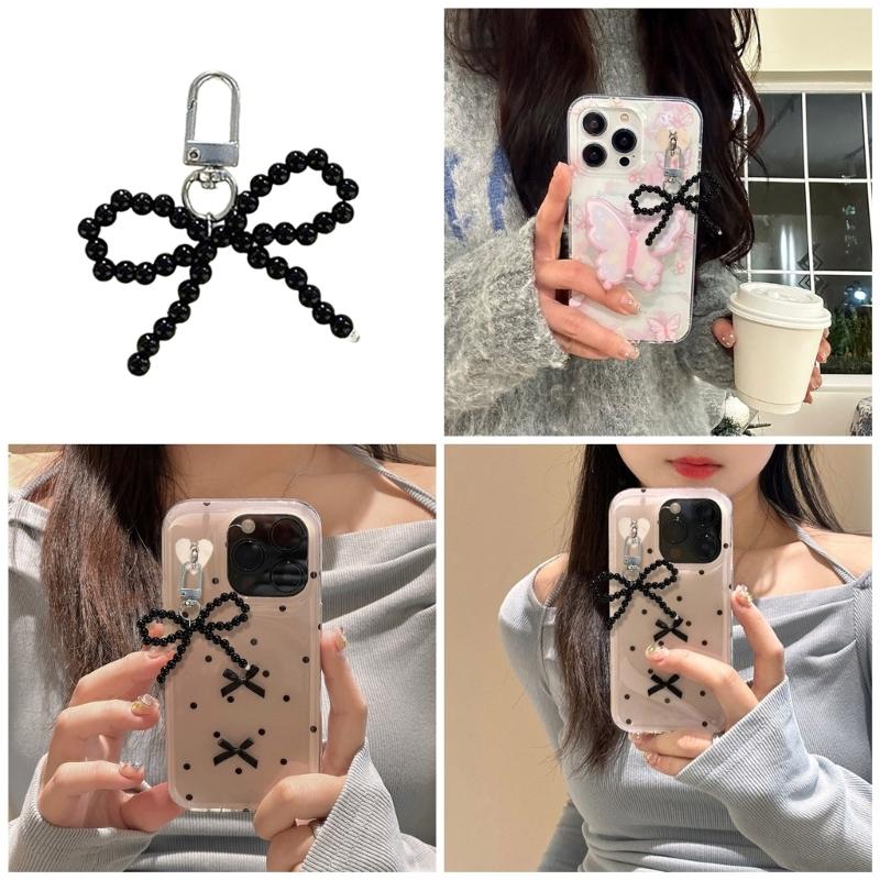Bowknot Shaped Keychain Pendant Pearls Beaded Butterfly Knots Key Chain Fashionable Bows Ornament for Phones Bag Car Key