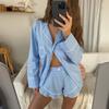 Women's Blue Striped Pajama Set Long Sleeve Top Ruffle Shorts