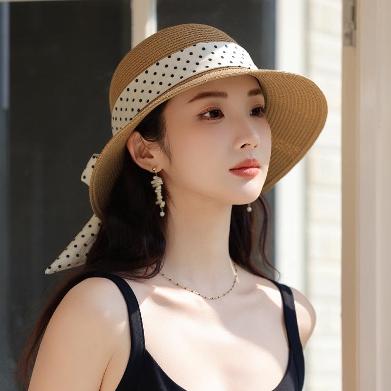 Summer new hat women's streamer raffia hat sunshade sunscreen hat breathable bow shows small face