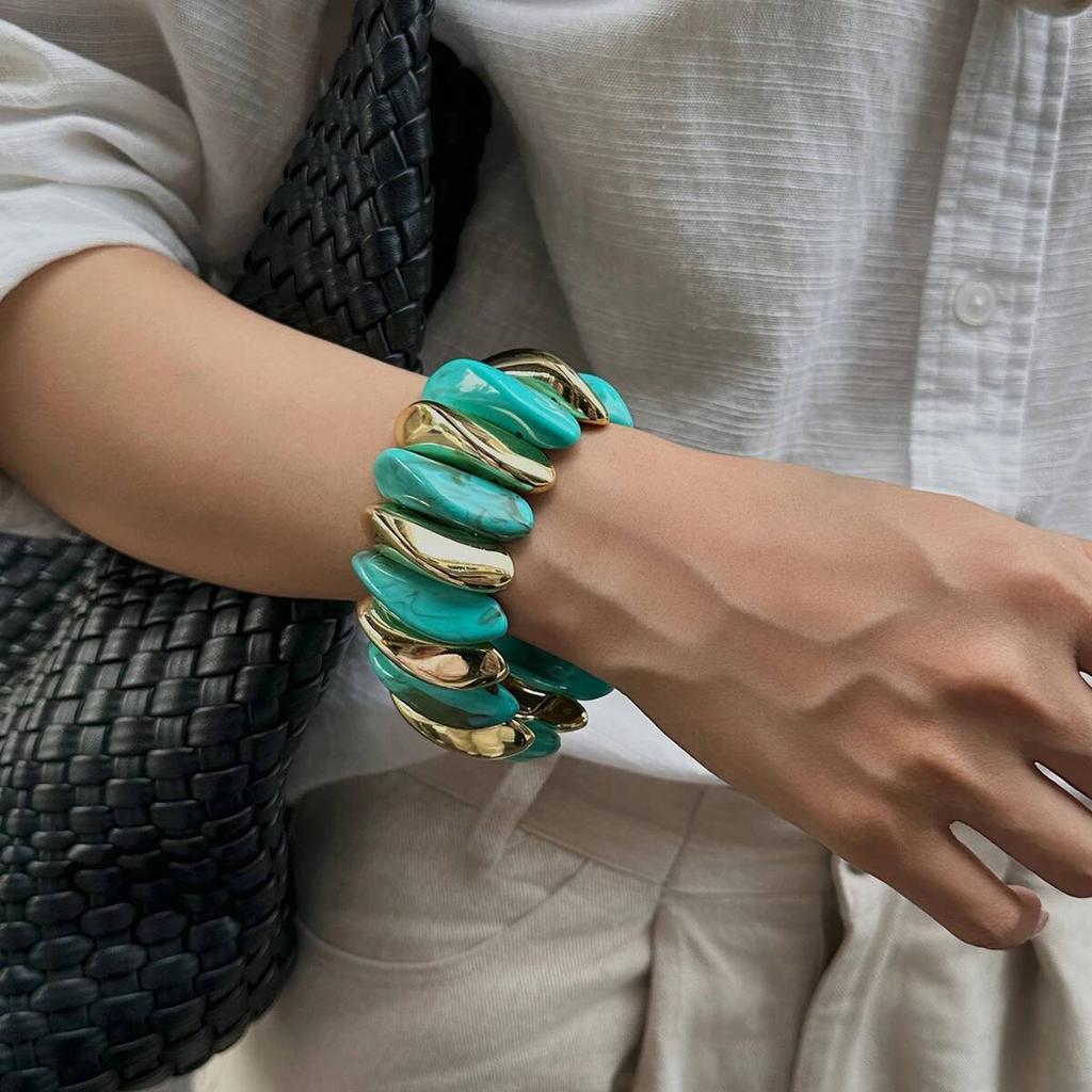 Salircon 10 Colors Vintage Thick Resin Acrylic Irregular Bangles for Women Geometric Wide Chunky Elastic Bracelets Hand Jewelry