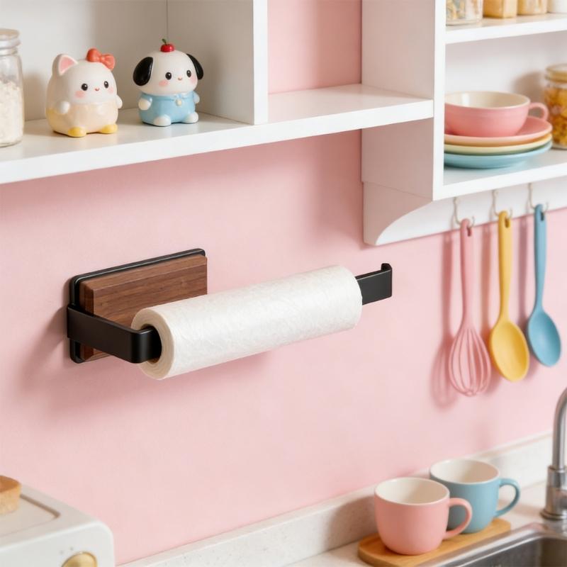 Walnuts Wood Wall Mounted Paper Towel Holder Space Saving Kitchen Roll Stand For Kitchen Storage Organizers