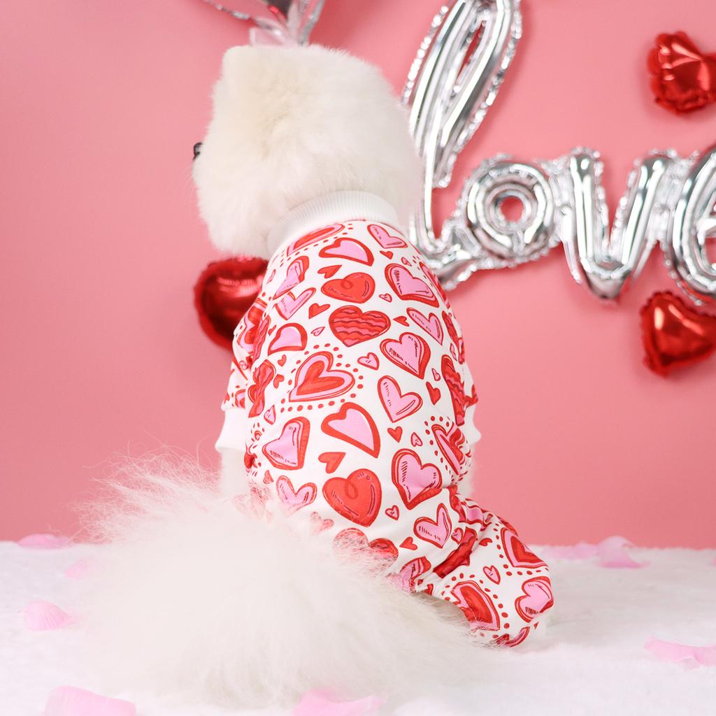 Dog Pajamas with Sweet Pink Wavy Line Hearts Printed Pup Dog Clothes for Small Dogs Girl Boy ,Everyday Dog Pajamas Dogs Jumpsui