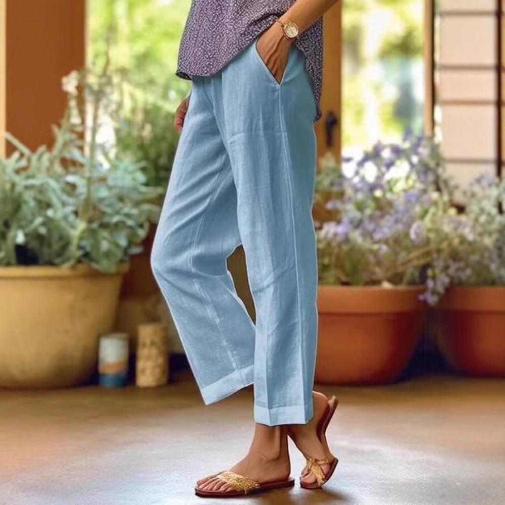 Spring Summer New Women Solid Cotton Linen Wide Leg Pants, Elastic Waist Loose Casual Trousers, Breathable Daily Fashion Bottoms