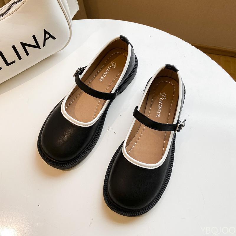 

Винтажные маленькие кожаные туфли весна новый рот низкий каблук колор-блокинг универсальные одинарные туфли простые удобные женские туфли 40 чёрный