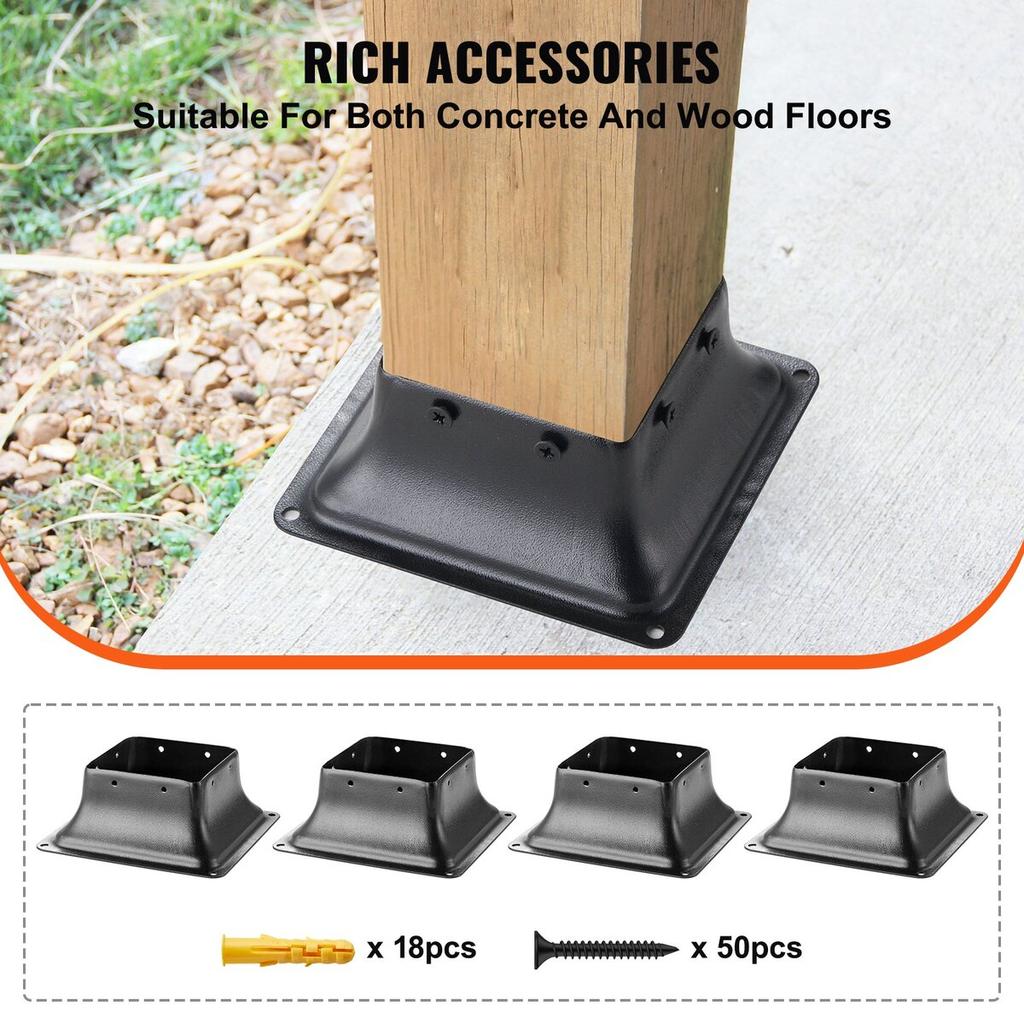101.6x101.6mm Post Base 4Pcs, Internal 91x91mm Heavy Duty Powder-Coated Steel Post Bracket Fit for Standard Wood Post Anchor, Decking Post Base for