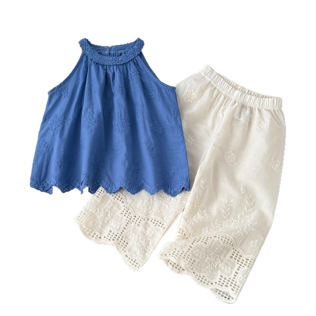 Summer Girls' Outfit New Style Lace Embroidered Tank Top And Lace Wide-Leg Pants Two-Piece Set