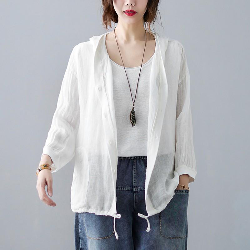 

Женские летние свободные солнцезащитные повседневные куртки Новое поступление 2021 Простой стиль однотонные женские длинные рукава с капюшоном пальто B278 S белый