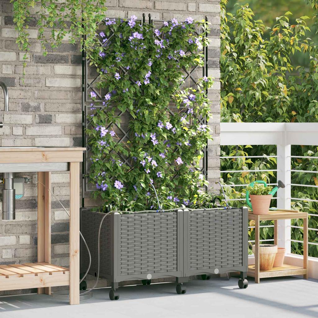 Garden Flower Pot with Irrigation and Wheels 2 Pcs Light Gray
