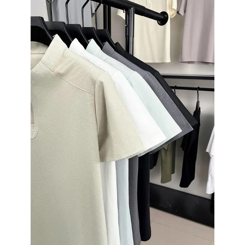 Men's Short Sleeve T Shirt Half Zipper Casual Mesh Beach Breathable Pullover Solid Color Lightwear Loose Comfortable Shirts