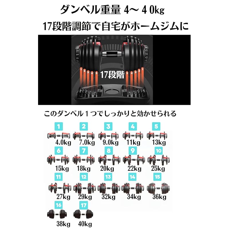 Adjustable Dumbbells, 24kg to 40kg (weight changes in 1 second), 15 & 17 weight settings, with a unique plate locking mechanism to prevent plates from