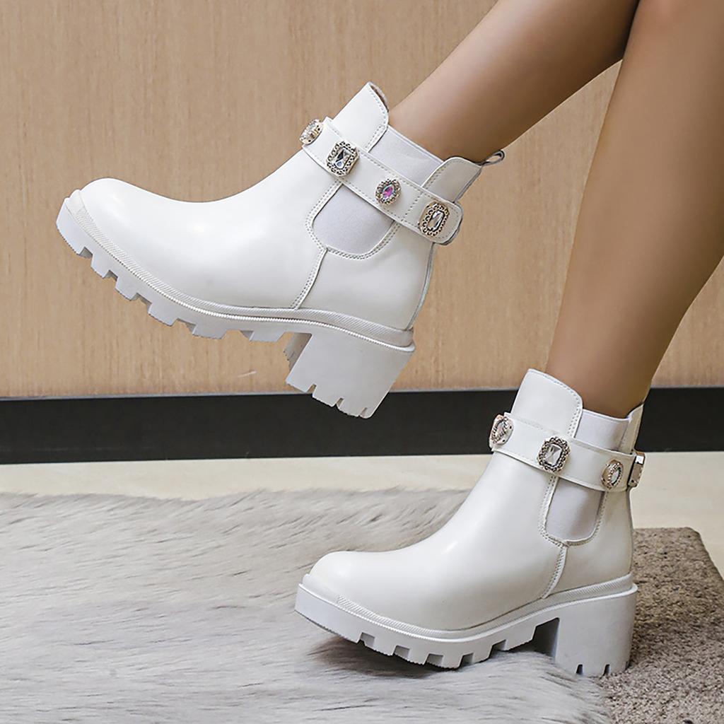 Women's Fashion Color Solid Color Ankle Boots Women's High Heel Rhinestone Chunky Heel Ankle Boots Suede Boots for Women