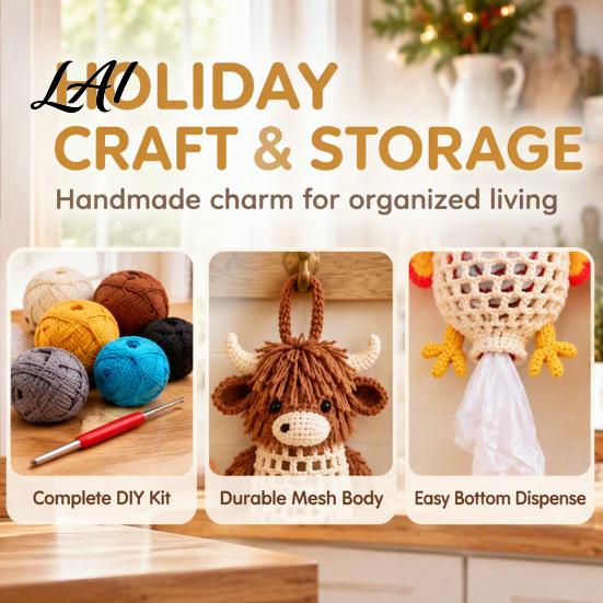 Seasonal Craft Kits Crochet Animal Bag Holder DIY Kit Hanging Plastic Make Easy Patterns Cute Raccoon Highland Cow Organizer for Home Kitchen Decor,