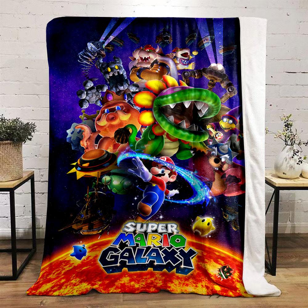 Bunte Charaktere und Elemente aus **Super Mario Galaxy** im Weltall. Decke für alle Jahreszeiten Mittagspause Überwurf Geschenk