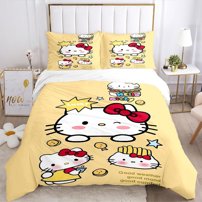 3pcs Lucky Hello Kitty Bedding Set Includes 1 Quilt Cover and 2 Pillowcases, Comfortable Bedding with Stylish Design for Bedroom W059